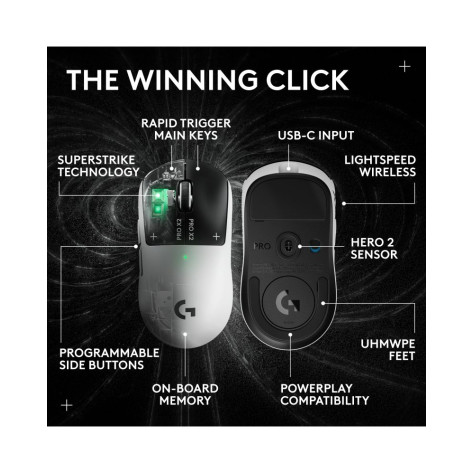 Гейминг мишка Logitech - Pro X2 Superstrike, оптична, безжична, бяла/черна